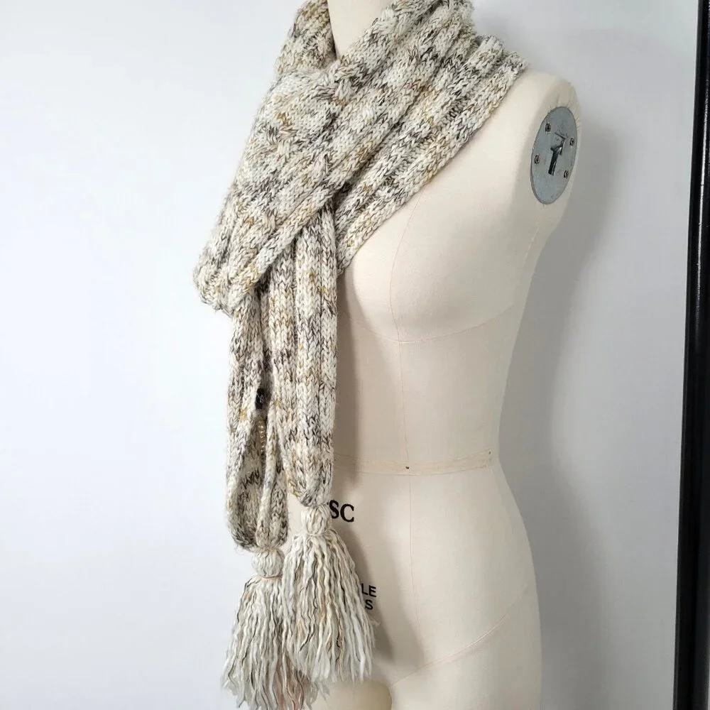 2007 GAP Holiday Chunky Knit Fringe Scarf Neutral Cream Beige Long 94